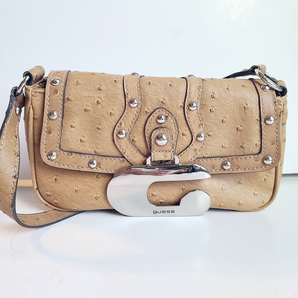 Guess Mini Shoulder Hand Bag Vintage Tan Ostrich BIG G Y2k Excellent! - Picture 1 of 7